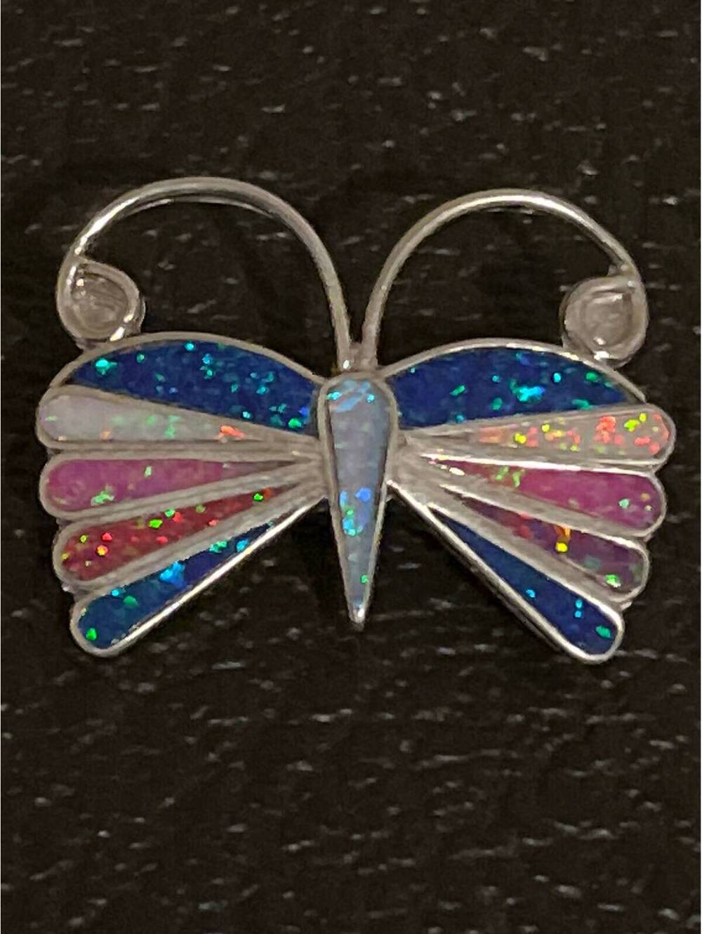 Native American Zuni handmade sterling silver butterfly opal inlay pendant/pin